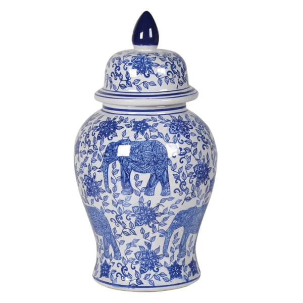 White/Blue Pattern Temple Lidded Jar