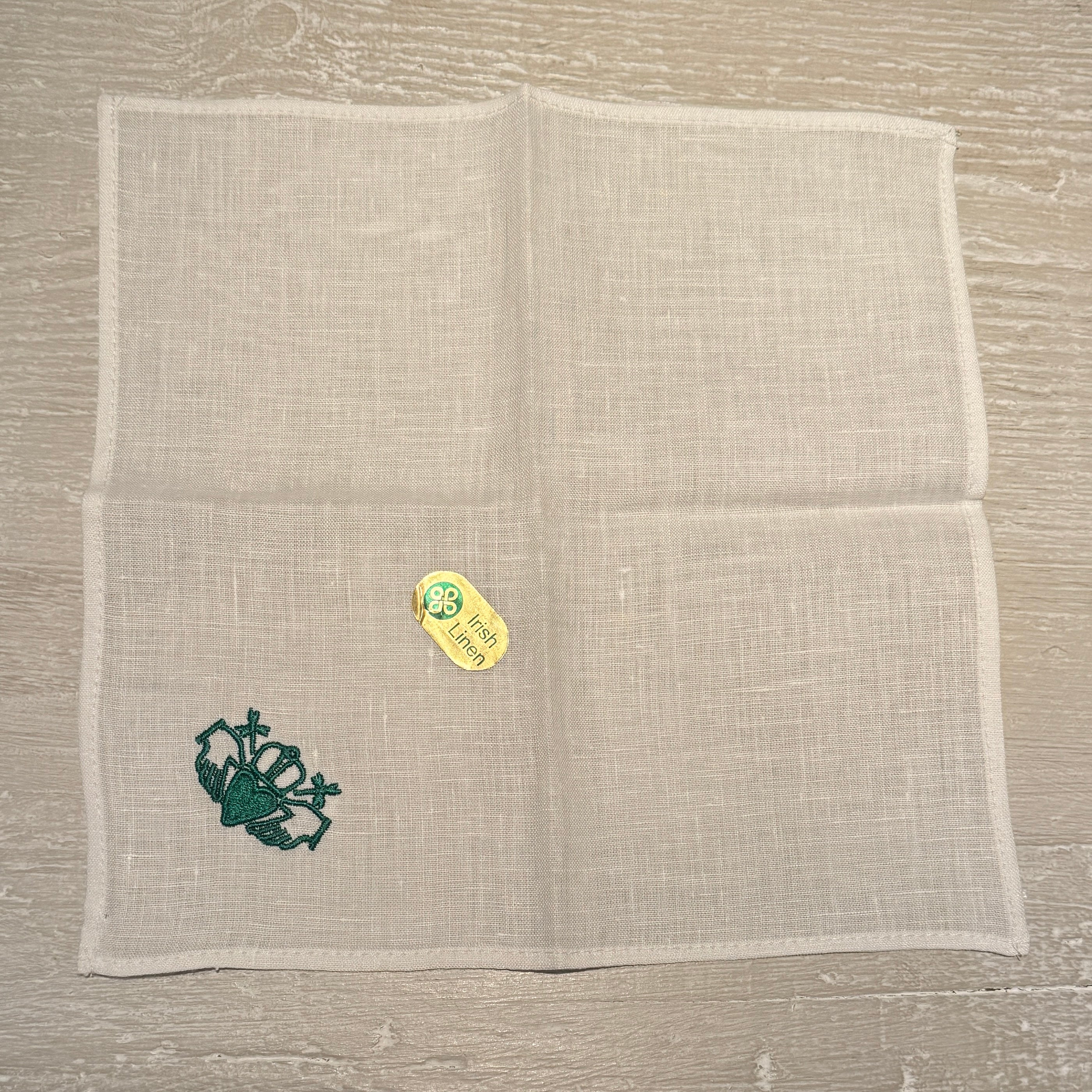 Irish Linen Hankie With Green Embroidered Claddagh