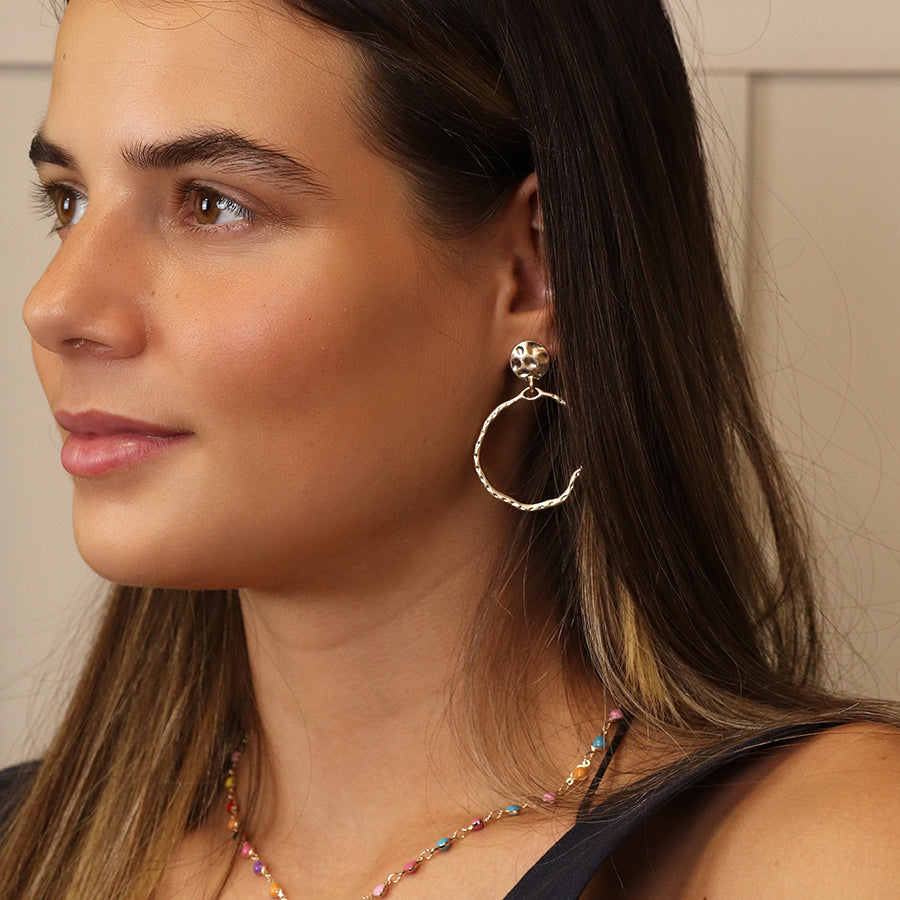 Hammered Gold Plated Hoop & Disc Earrings