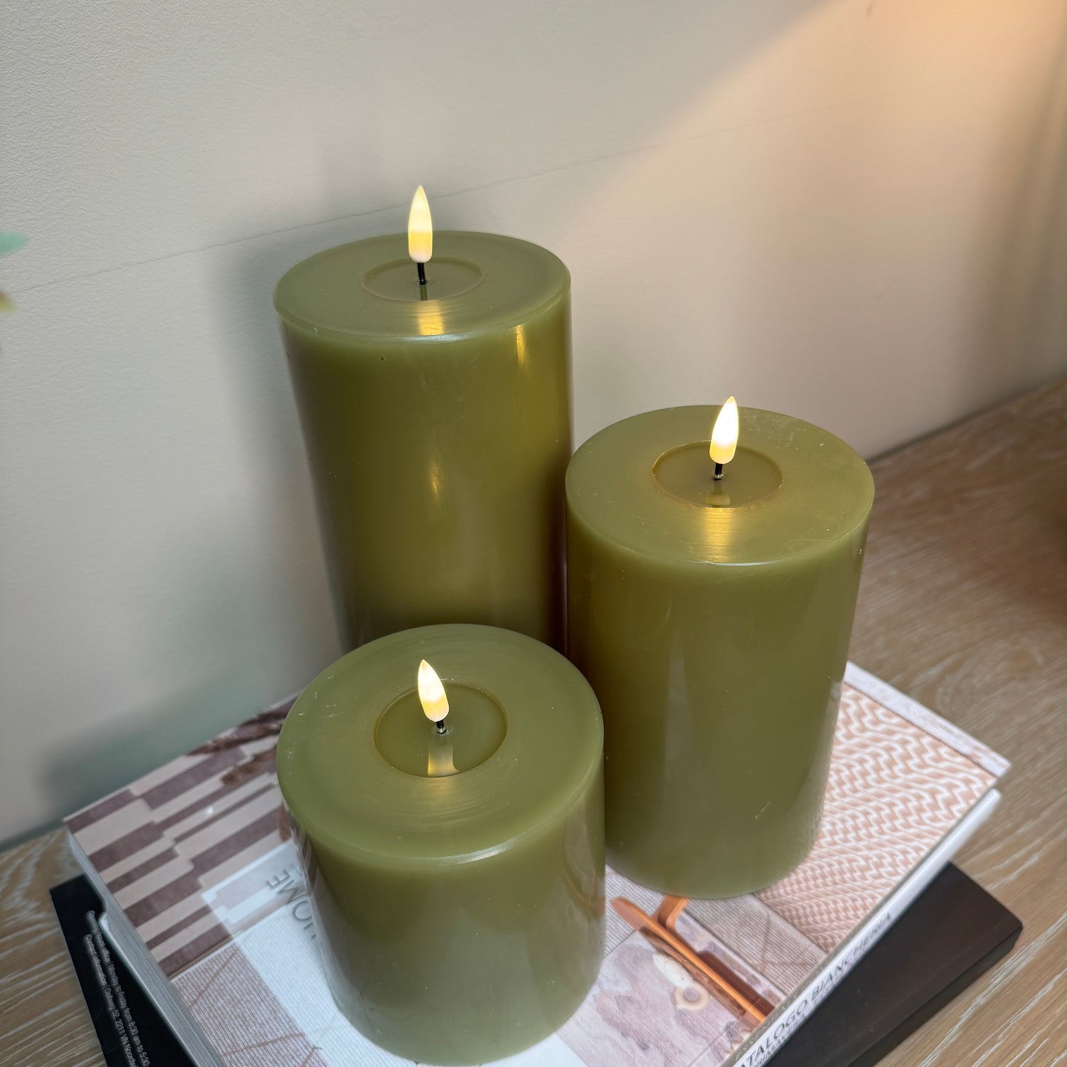 LED Candle 7.5 x 15cm - Olive Green