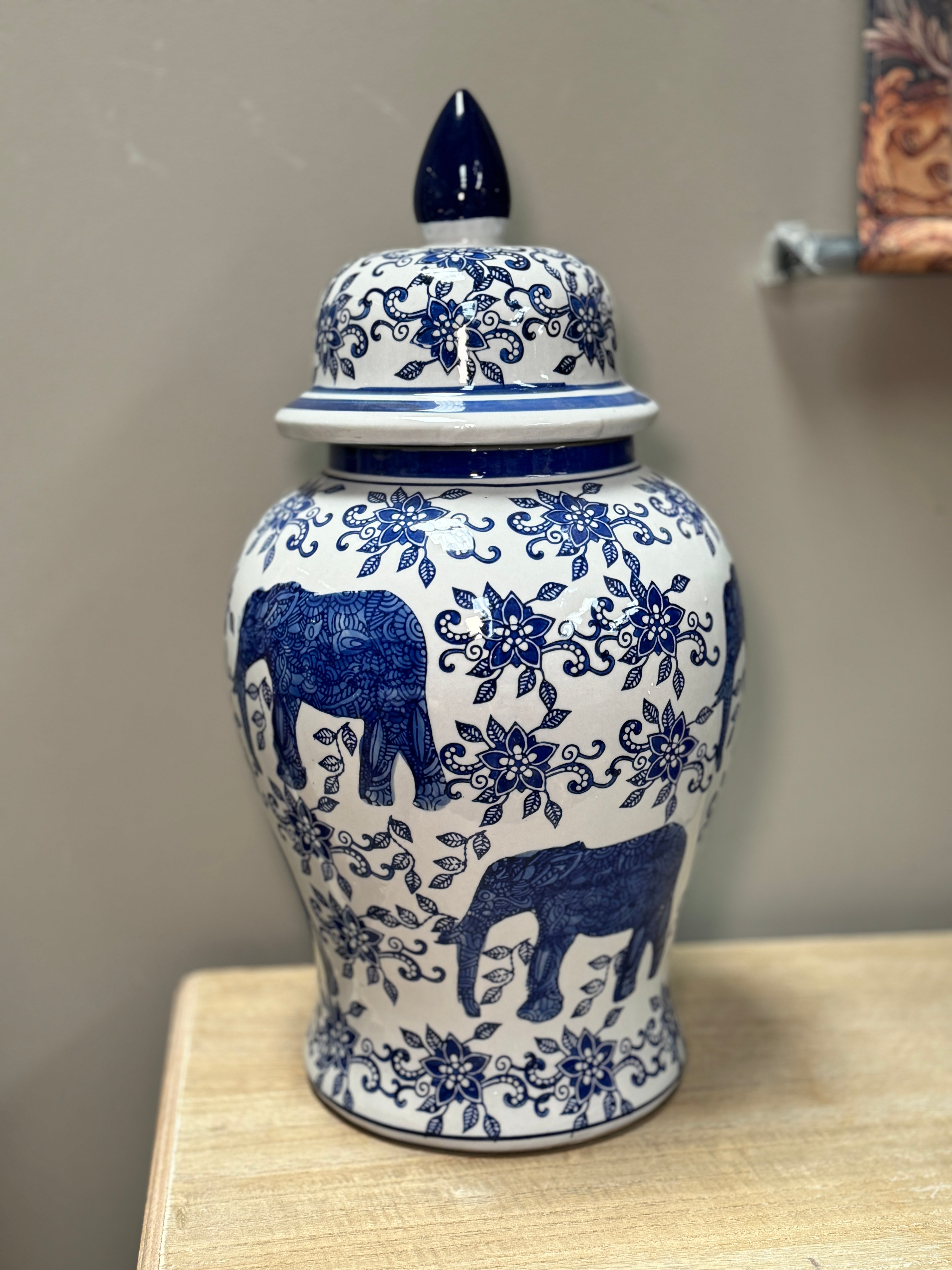 White/Blue Pattern Temple Lidded Jar