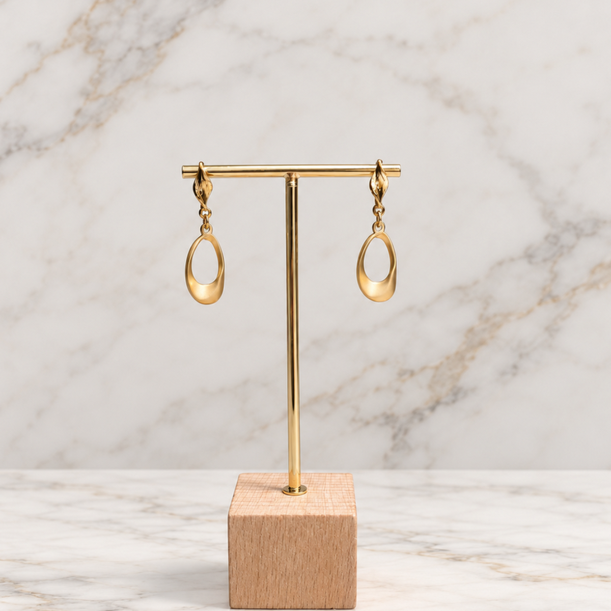 Gold Twisted Stud Drop Earrings with Matte Oval Pendant