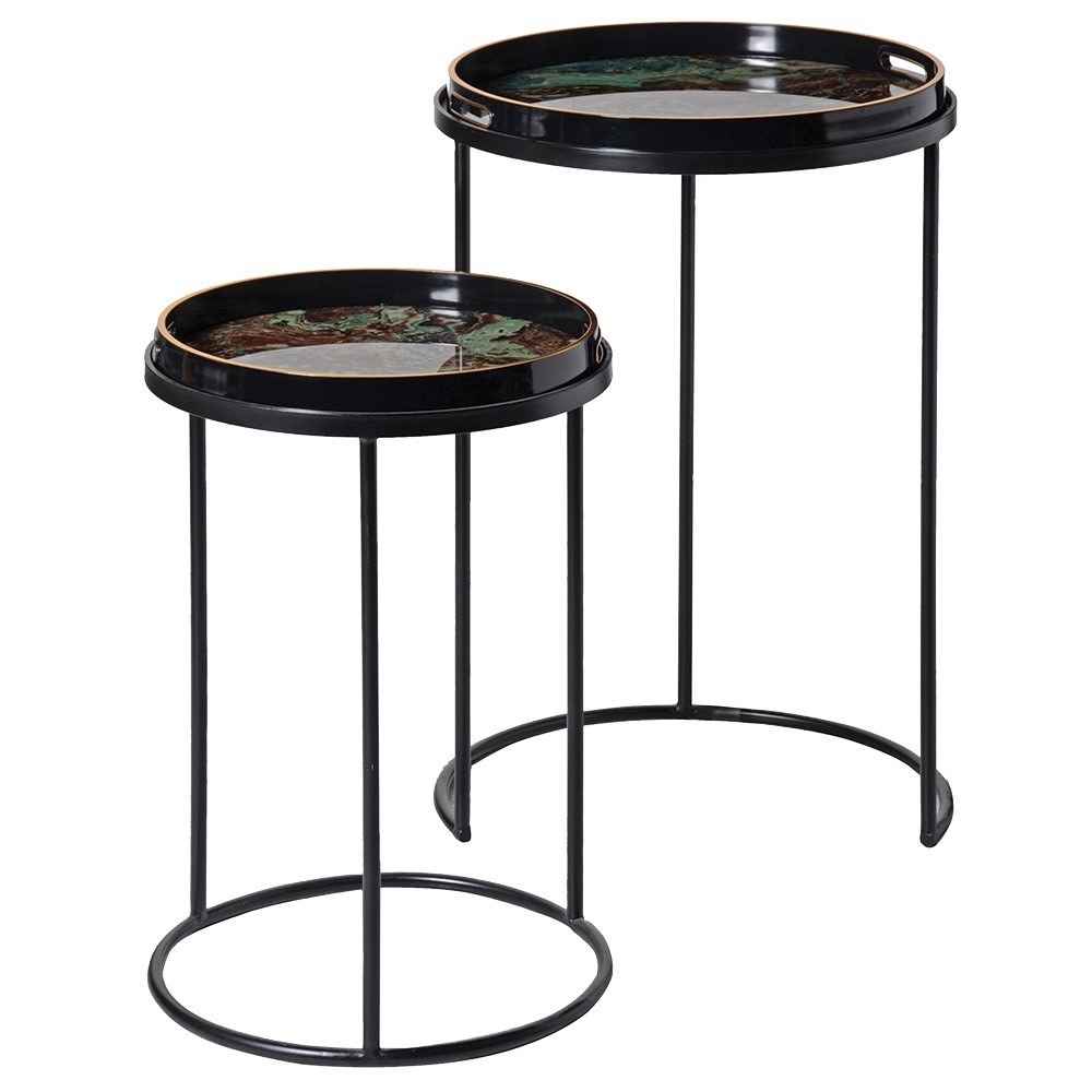 Nest of 2 Green Marble Round Tray Tables