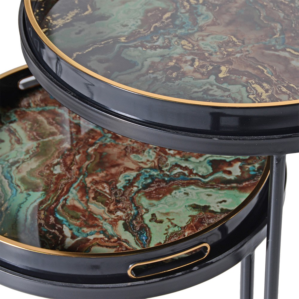Nest of 2 Green Marble Round Tray Tables
