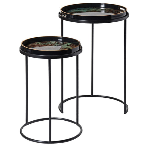 Nest of 2 Green Marble Round Tray Tables