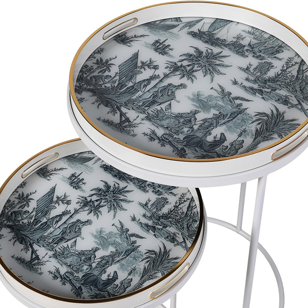 Nest Of 2 White & Blue Pattern Tray Tables