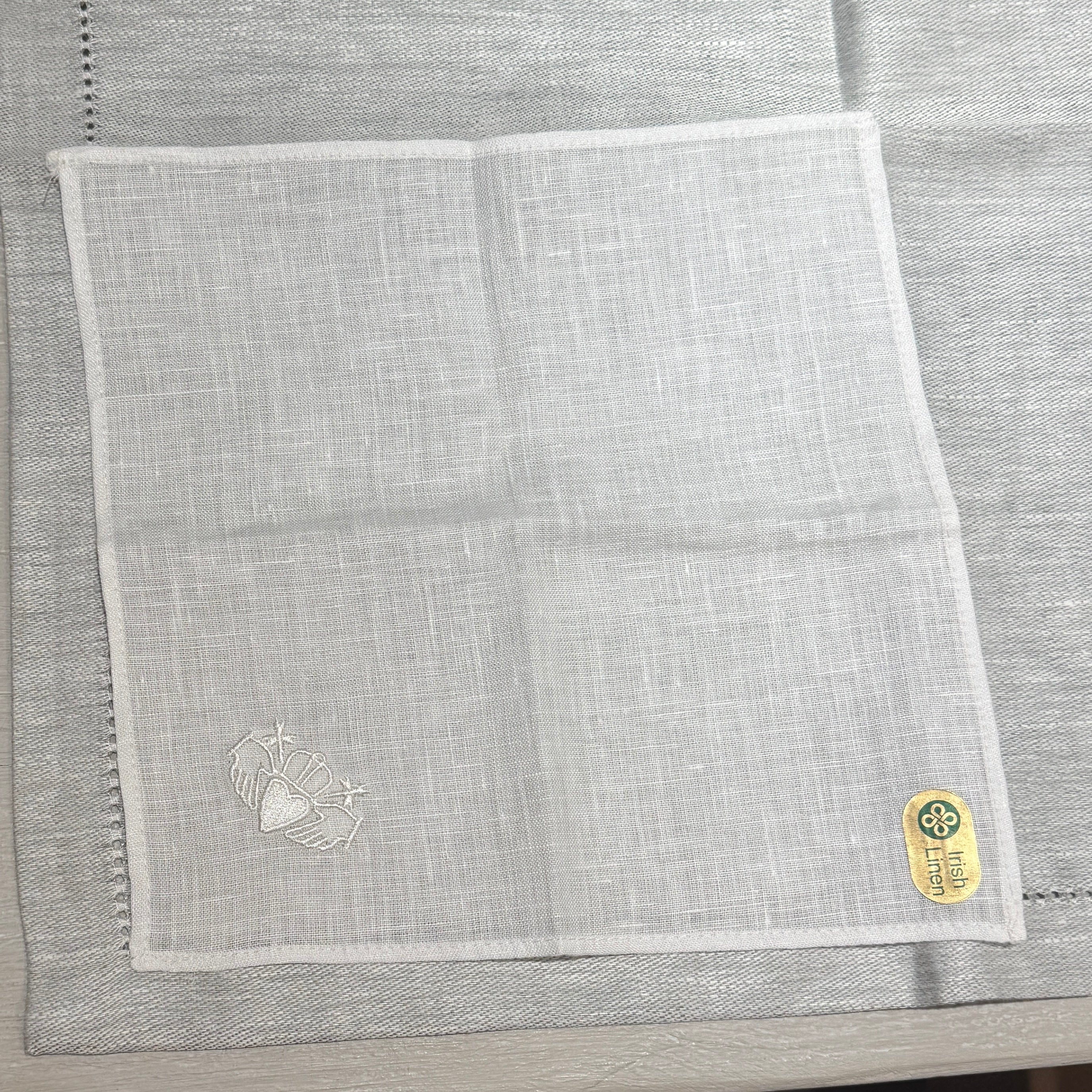 Irish Linen Hanky With White Embroidered Claddagh