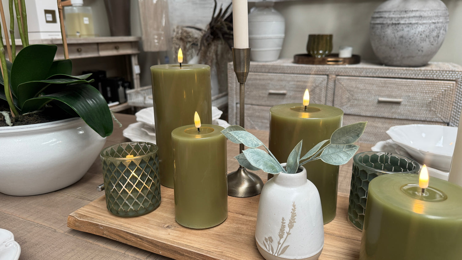 LED Candle 7.5 x 15cm - Olive Green