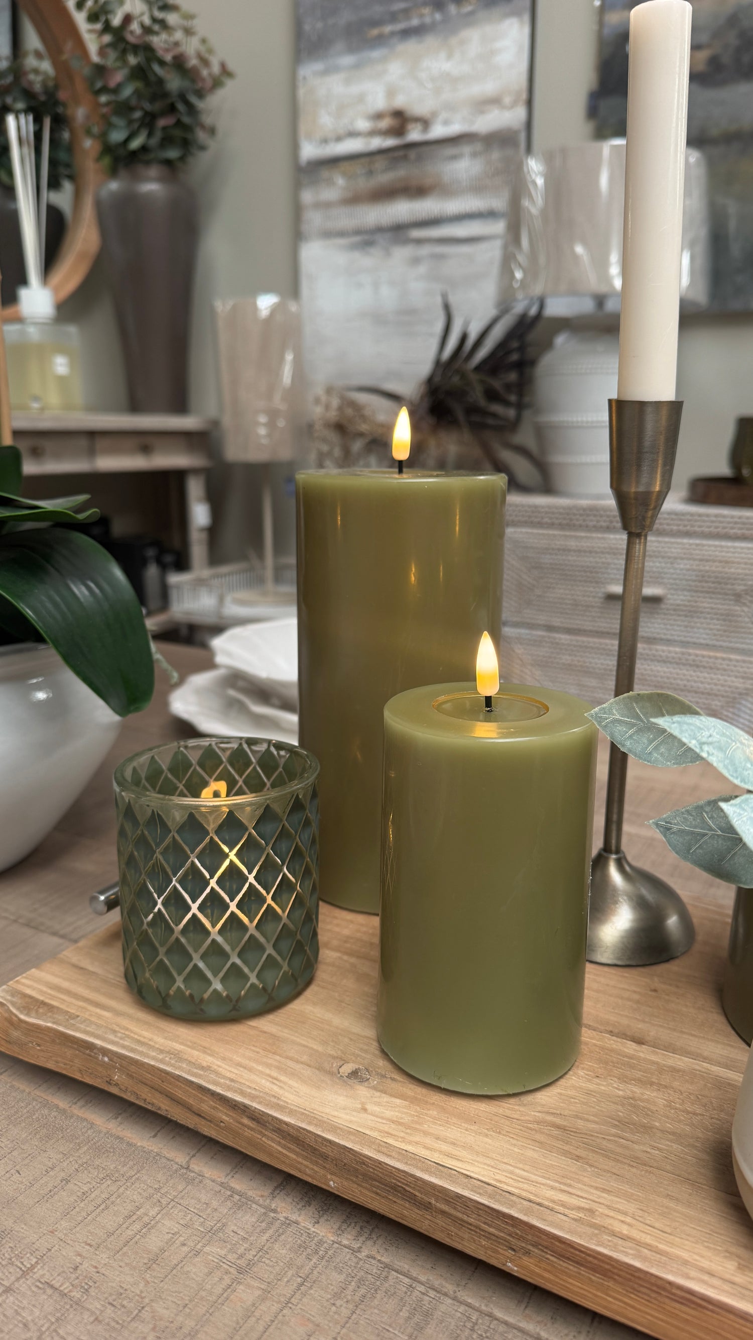 LED Candle 7.5 x 15cm - Olive Green