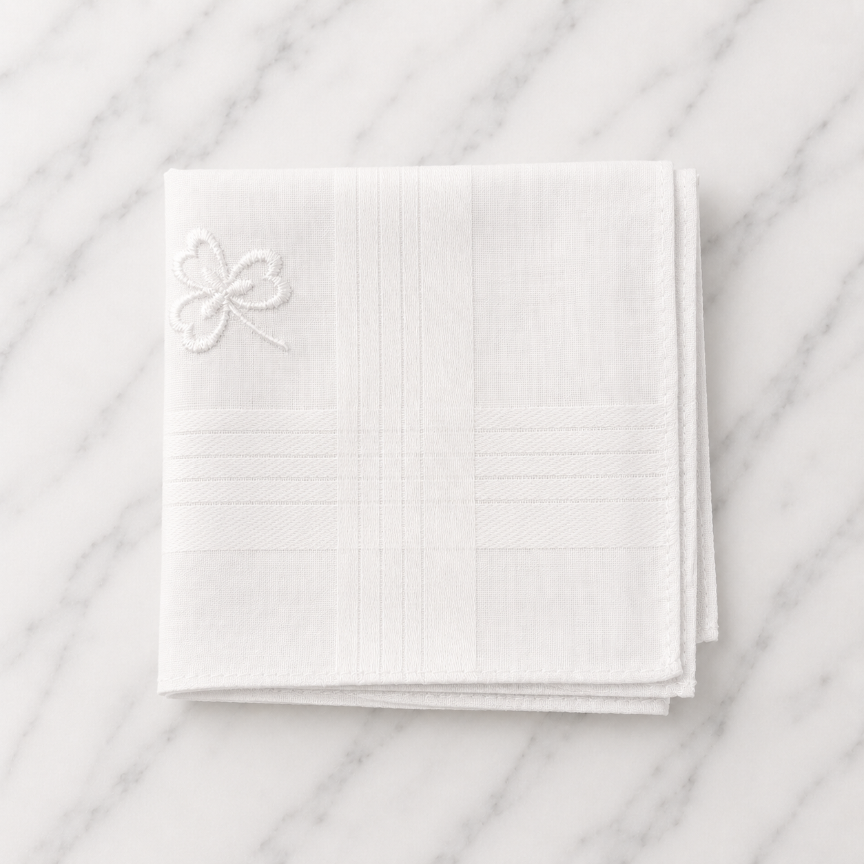 Cotton White Hankie With White Shamrock Embroidery - 40 x 40cm