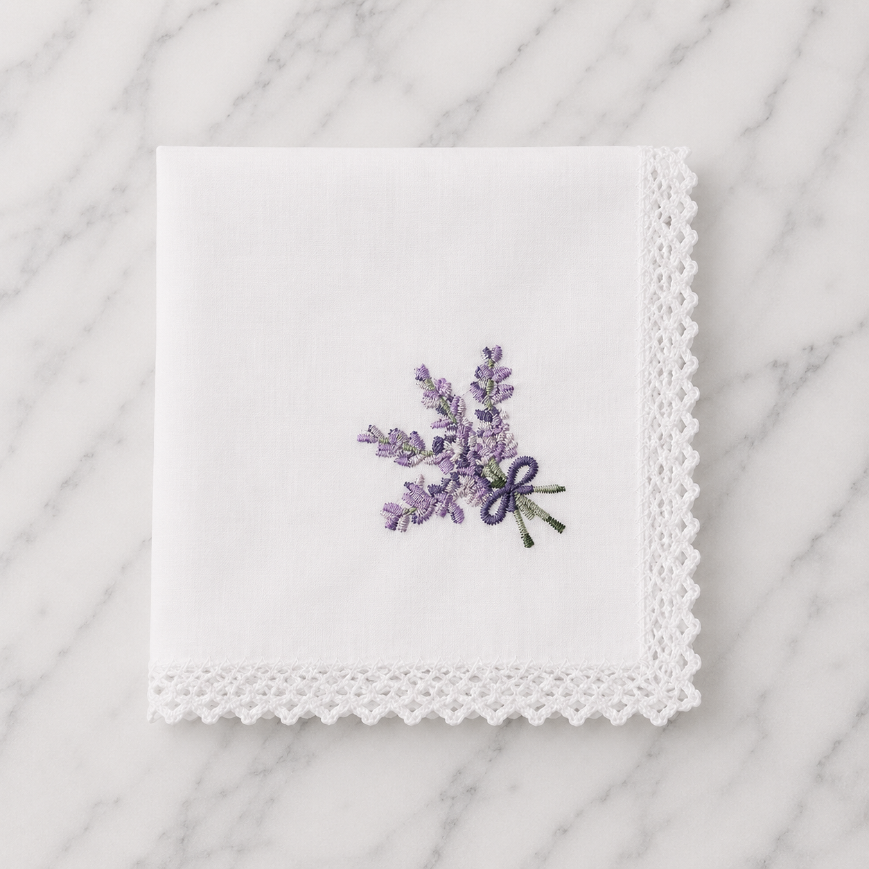 Cotton Hankie With Lavender Embroidery & Crochet Edge - 28 x 28cm