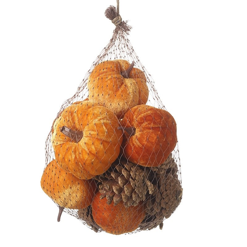 Set Of Velvet Pumpkins with Pine