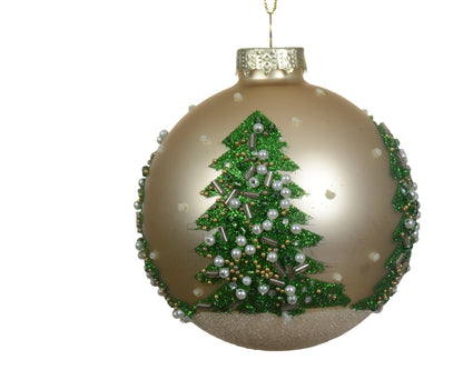 Champagne Silver Glass Bauble With Christmas Tree &amp; Pearls