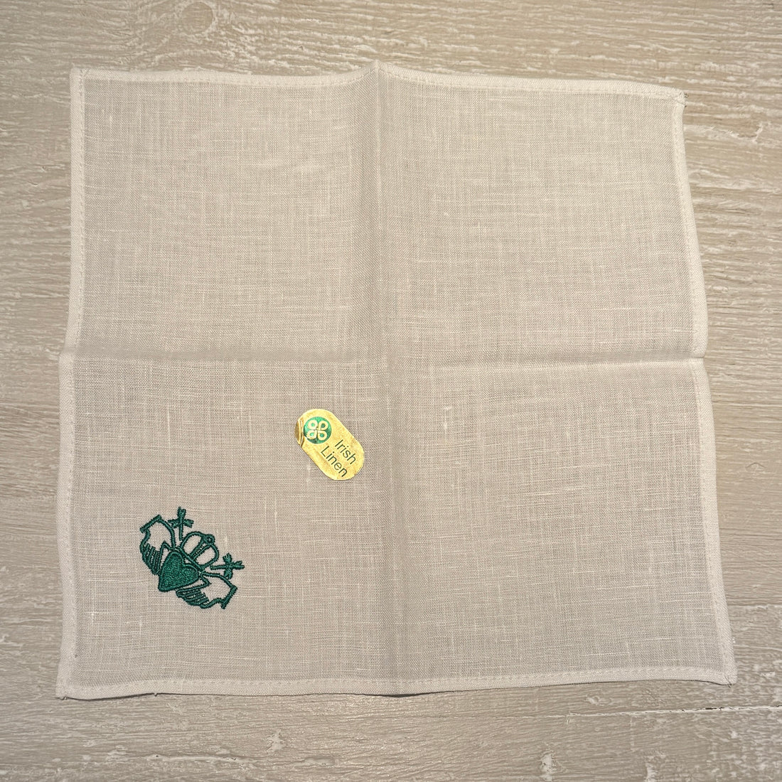 Irish Linen l Hanky With Green Embroidered Claddagh
