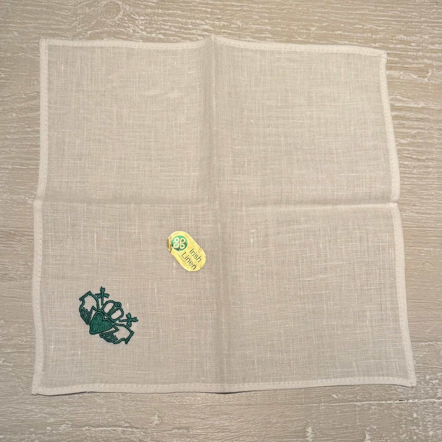 Irish Linen l Hanky With Green Embroidered Claddagh