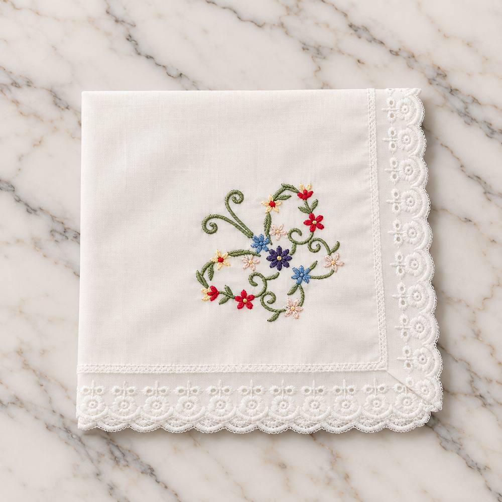 Cotton Hankie With Butterfly Embroidery & Crochet Edge - 31 x 31cm