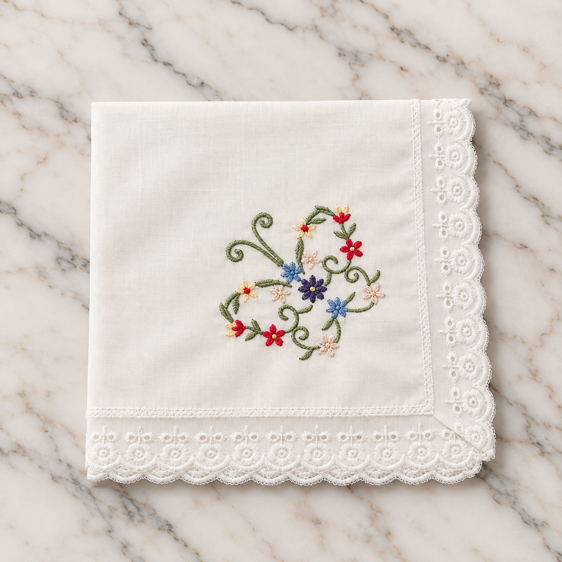 Cotton Hankie With Butterfly Embroidery &amp; Crochet Edge - 31 x 31cm