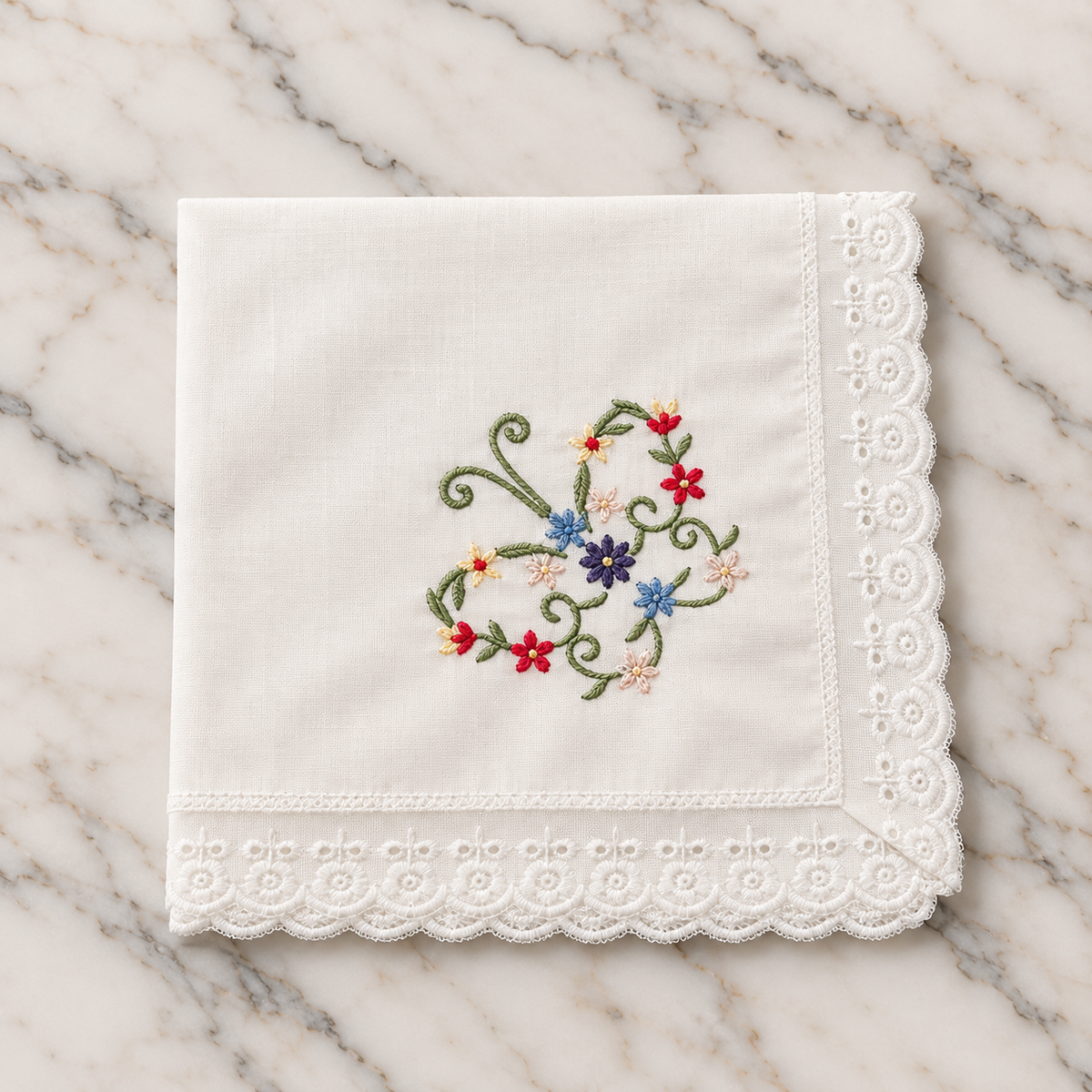 Cotton Hankie With Butterfly Embroidery &amp; Crochet Edge - 31 x 31cm