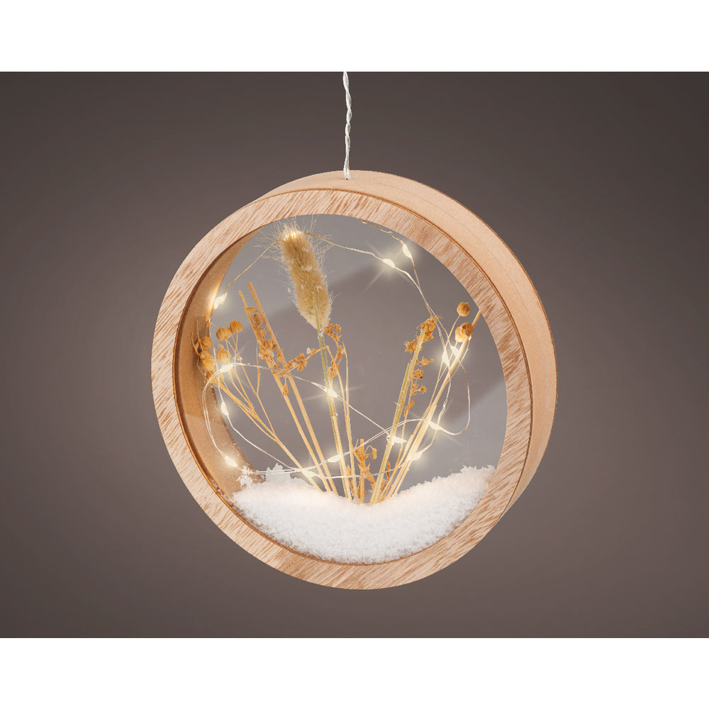 Hanging Wood-Effect LED Ring With Dried Flowers