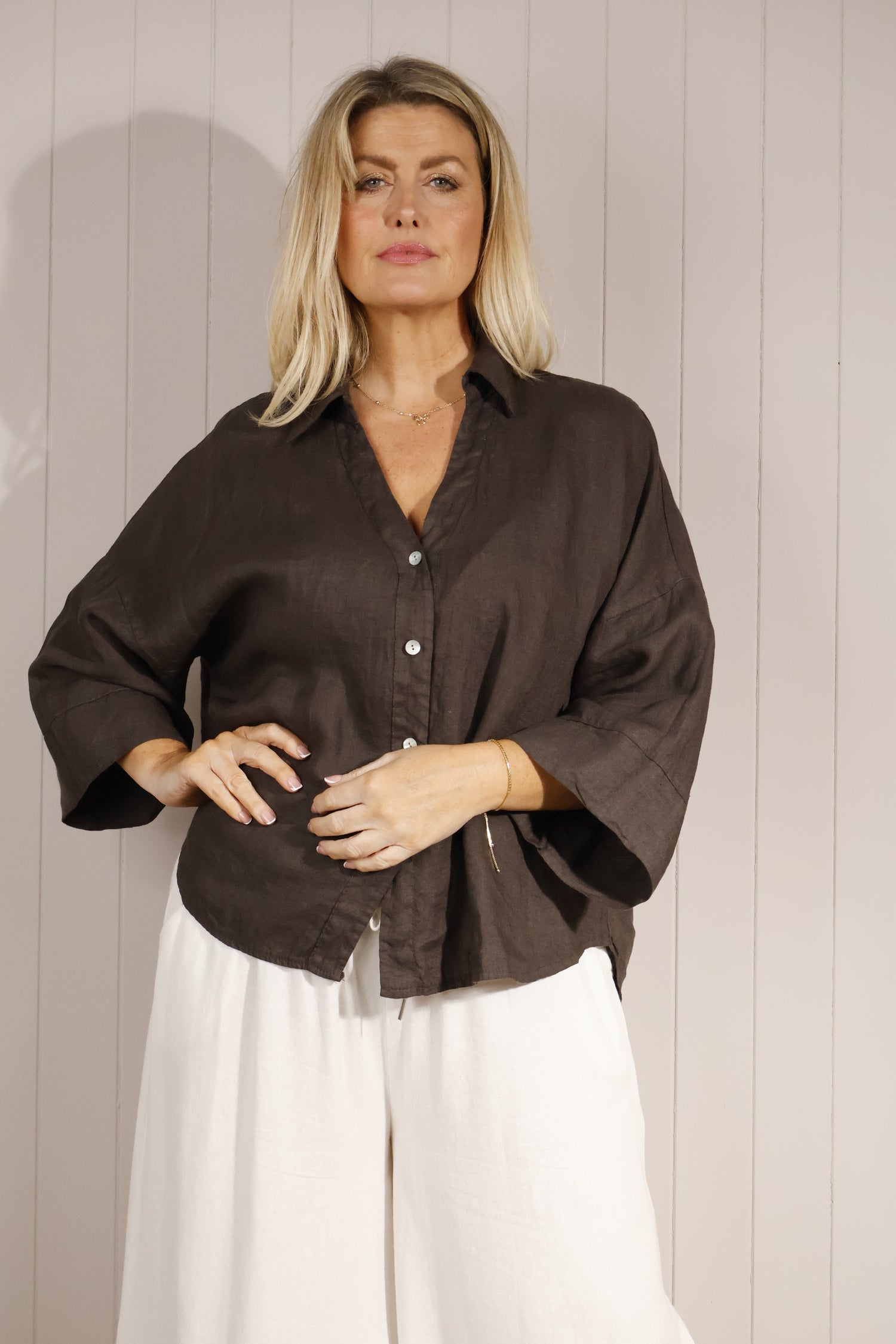 100% Linen Chocolate Brown Shirt