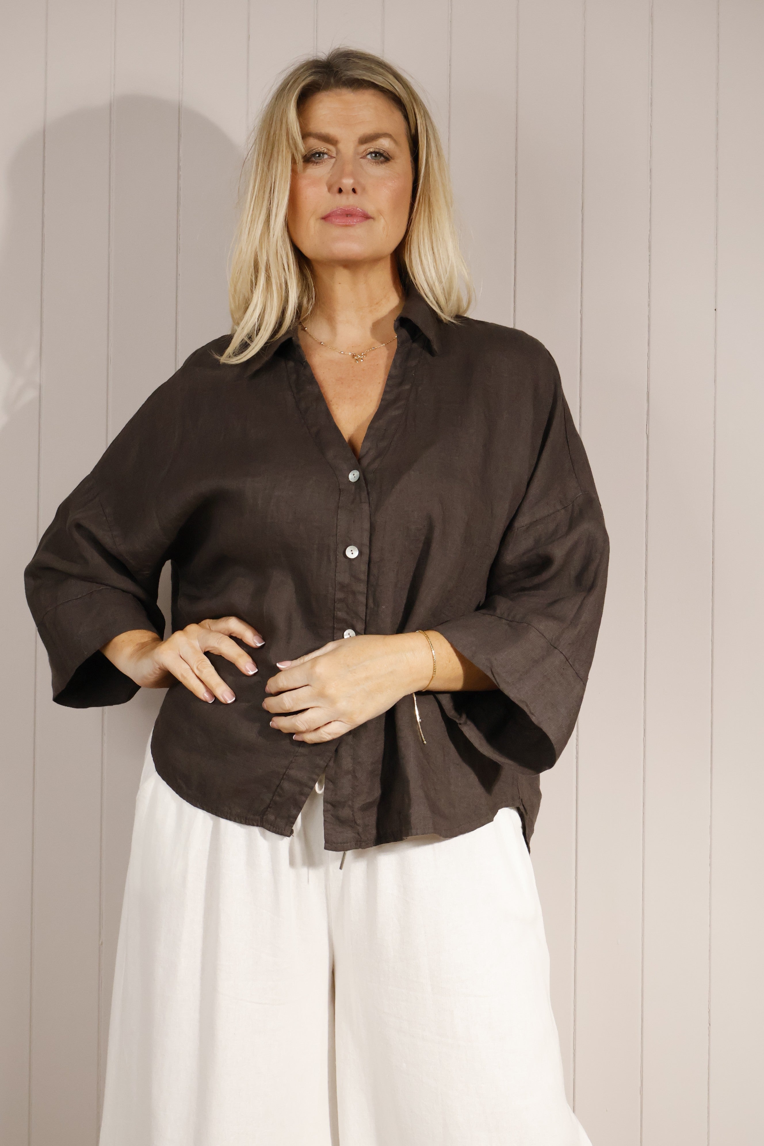 100% Linen Chocolate Brown Shirt