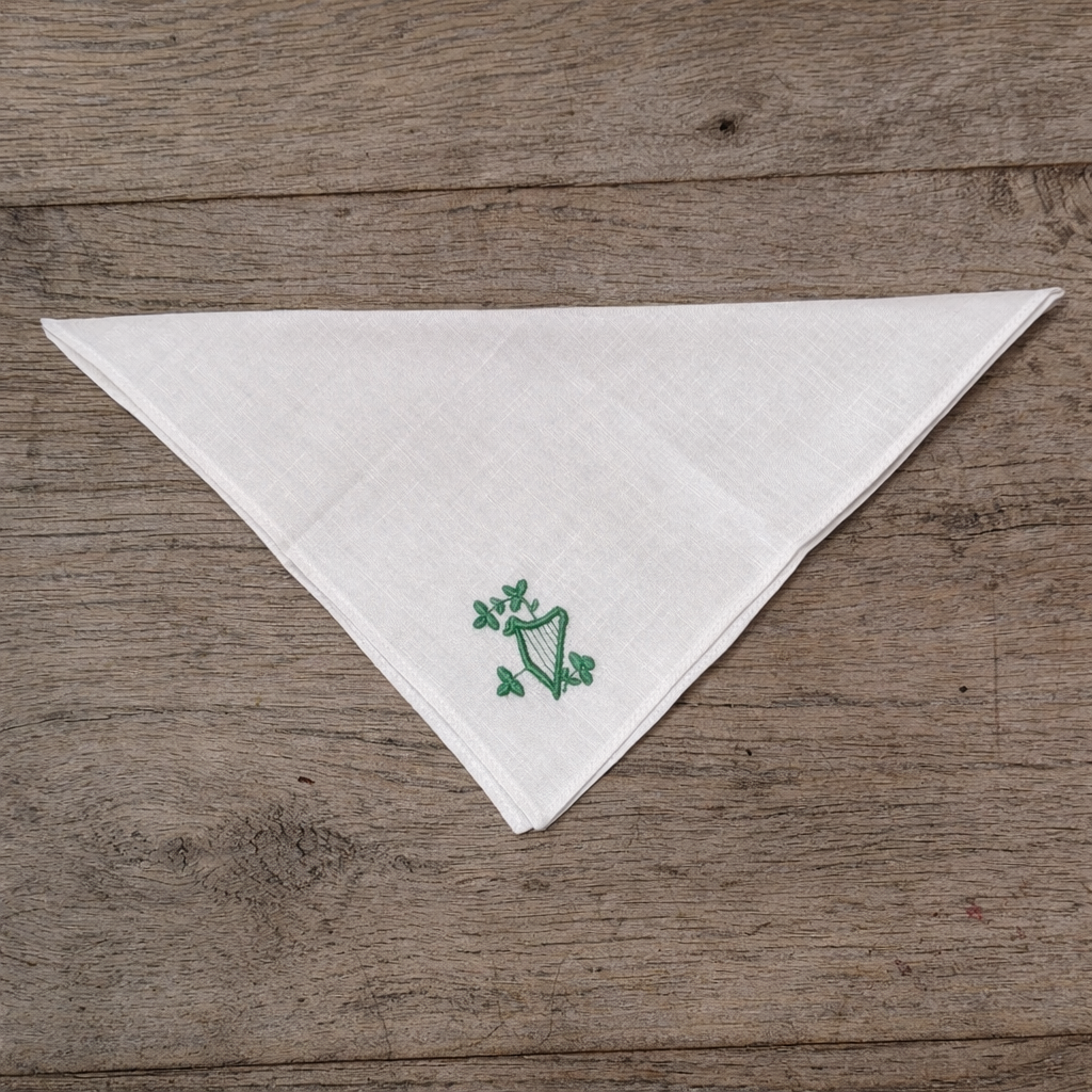 Irish Linen Hankie With Green Embroidered Harp