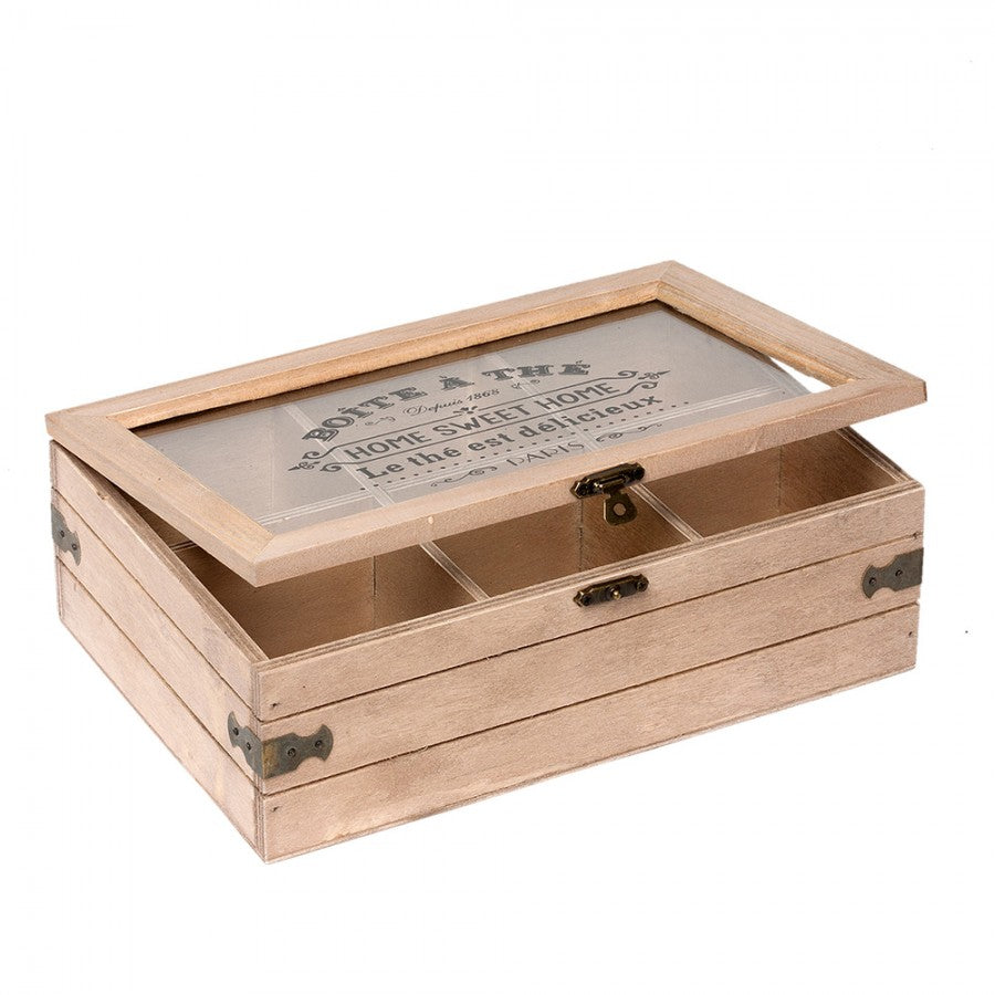 Brown Wood Rectangle Tea Box With 6 Compartment