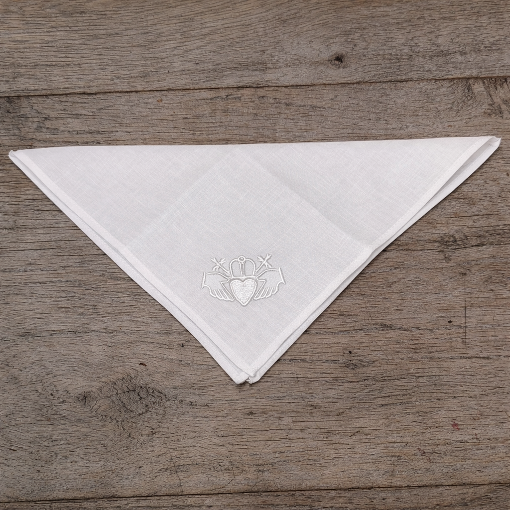 Irish Linen Hanky With White Embroidered Claddagh