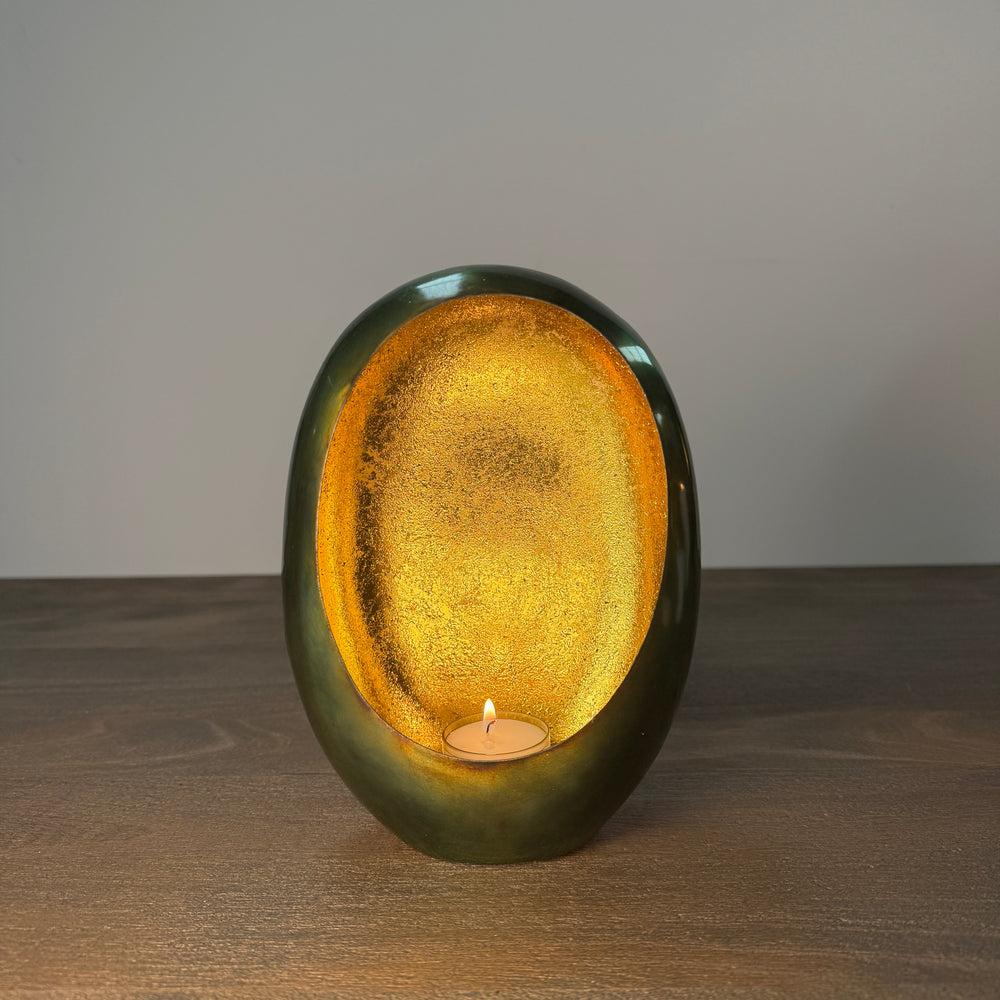 Green & Gold Oval Candle Holder - 21cm