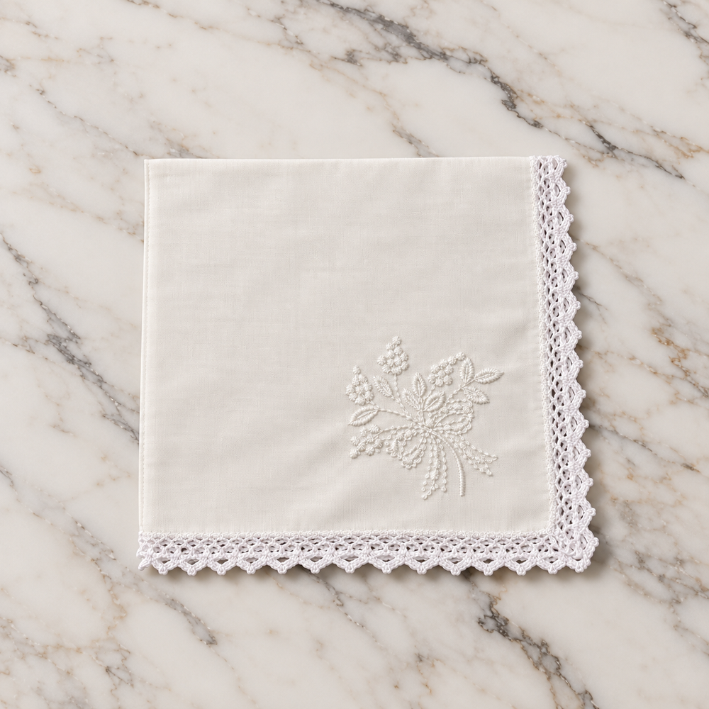 Cotton Hankie With Floral Embroidery & Crochet Edge - 28 x 28cm