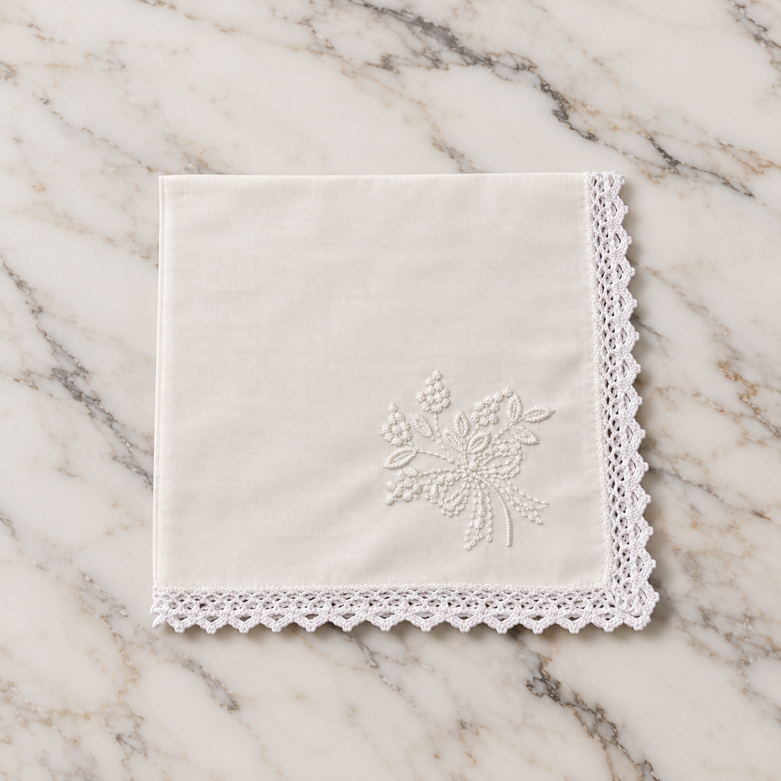 Cotton Hankie With Floral Embroidery &amp; Crochet Edge - 28 x 28cm