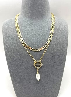 Double Layered Necklace with Natural Pearl Pendant and T-Bar Closure