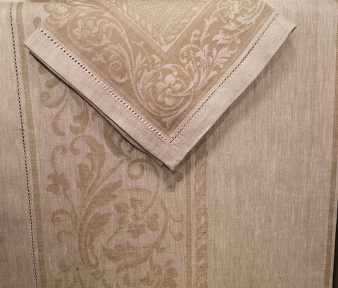 Flower Scroll Damask Linen Beige Tablecloth