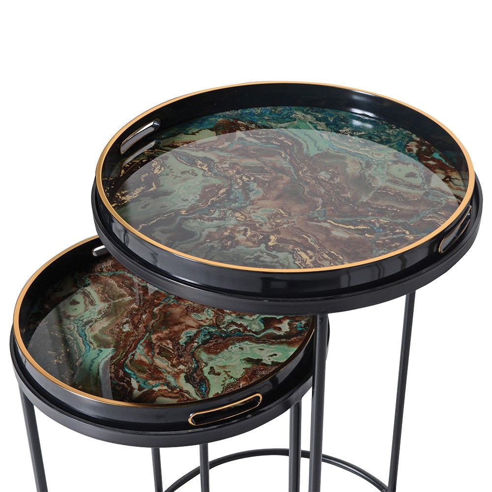 Nest of 2 Green Marble Round Tray Tables