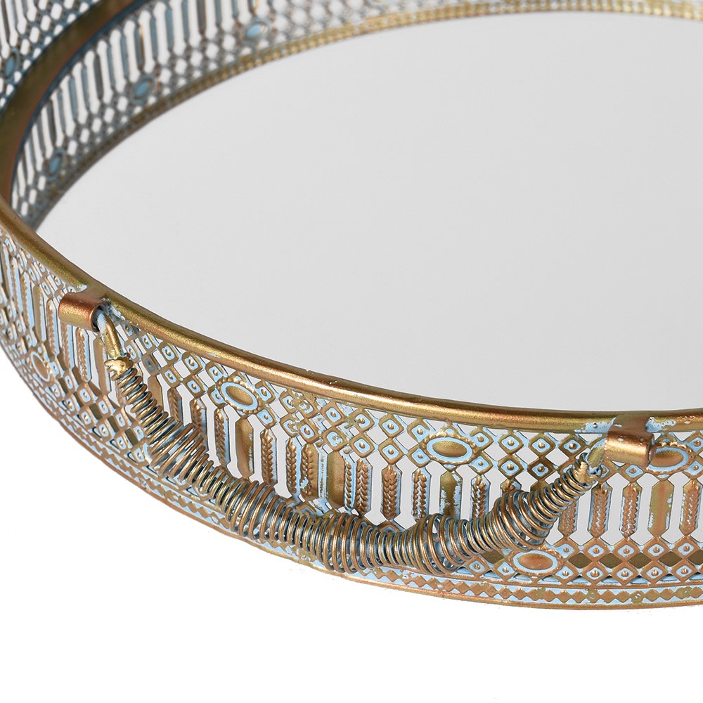 Distressed Blue and Gold Mirror Tray