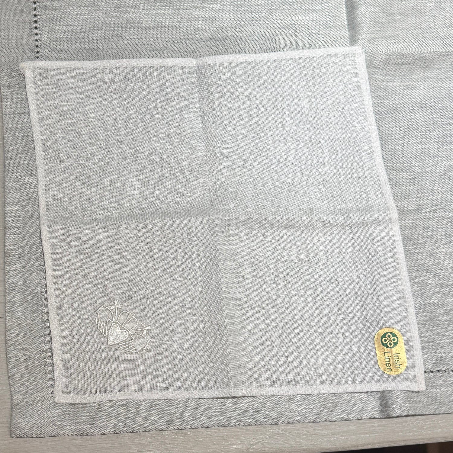 Irish Linen l Hanky With White Embroidered Claddagh