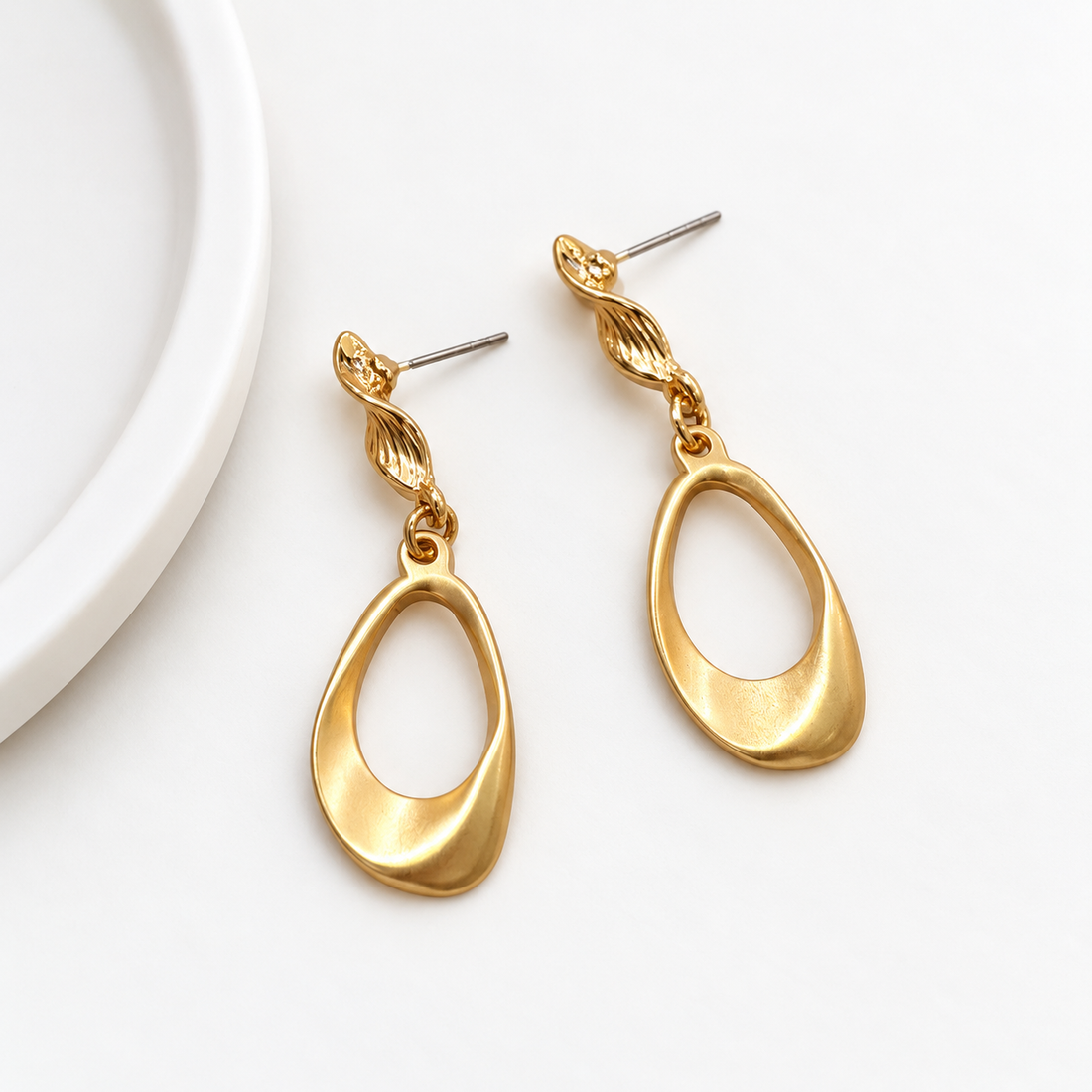 Gold Twisted Stud Drop Earrings with Matte Oval Pendant