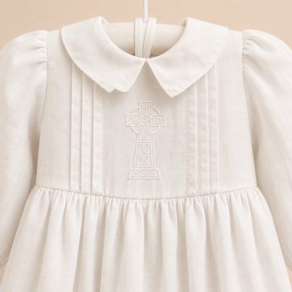 Tara Irish Linen Long Sleeved Christening Gown - Chest Cross