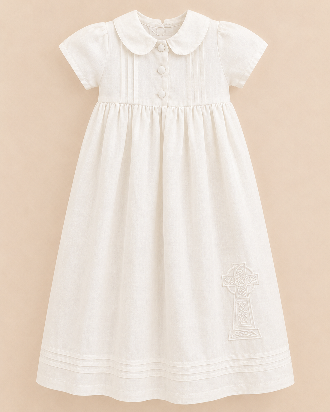 Tara Irish Linen Short Sleeved Christening Gown - Hem Cross