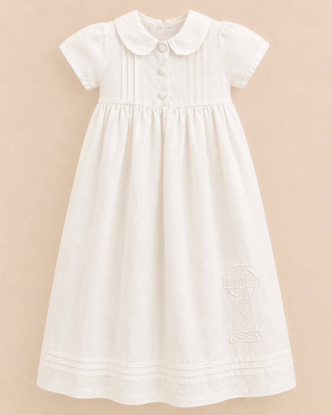 Tara Irish Linen Short Sleeved Christening Gown - Hem Cross