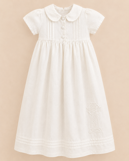 Tara Irish Linen Short Sleeved Christening Gown - Hem Cross