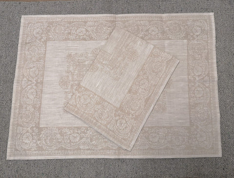 Linen Damask Beige Shell Tea Towel