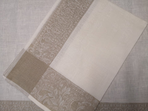 Linen Damask Beige & White Scroll Tea Towel