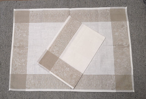 Linen Damask Beige & White Scroll Tea Towel