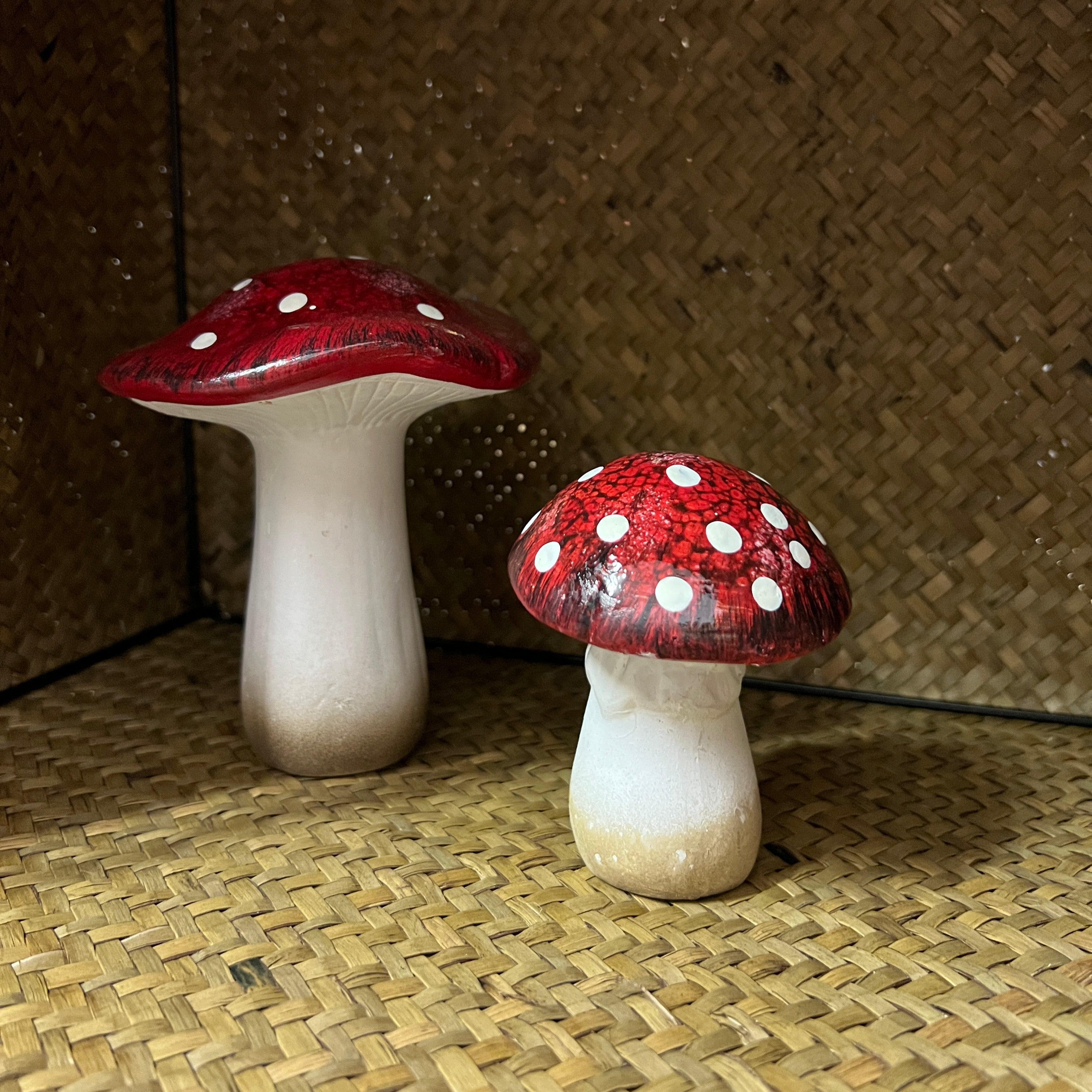 Terracotta Mushroom Ornaments – Red with White Dots