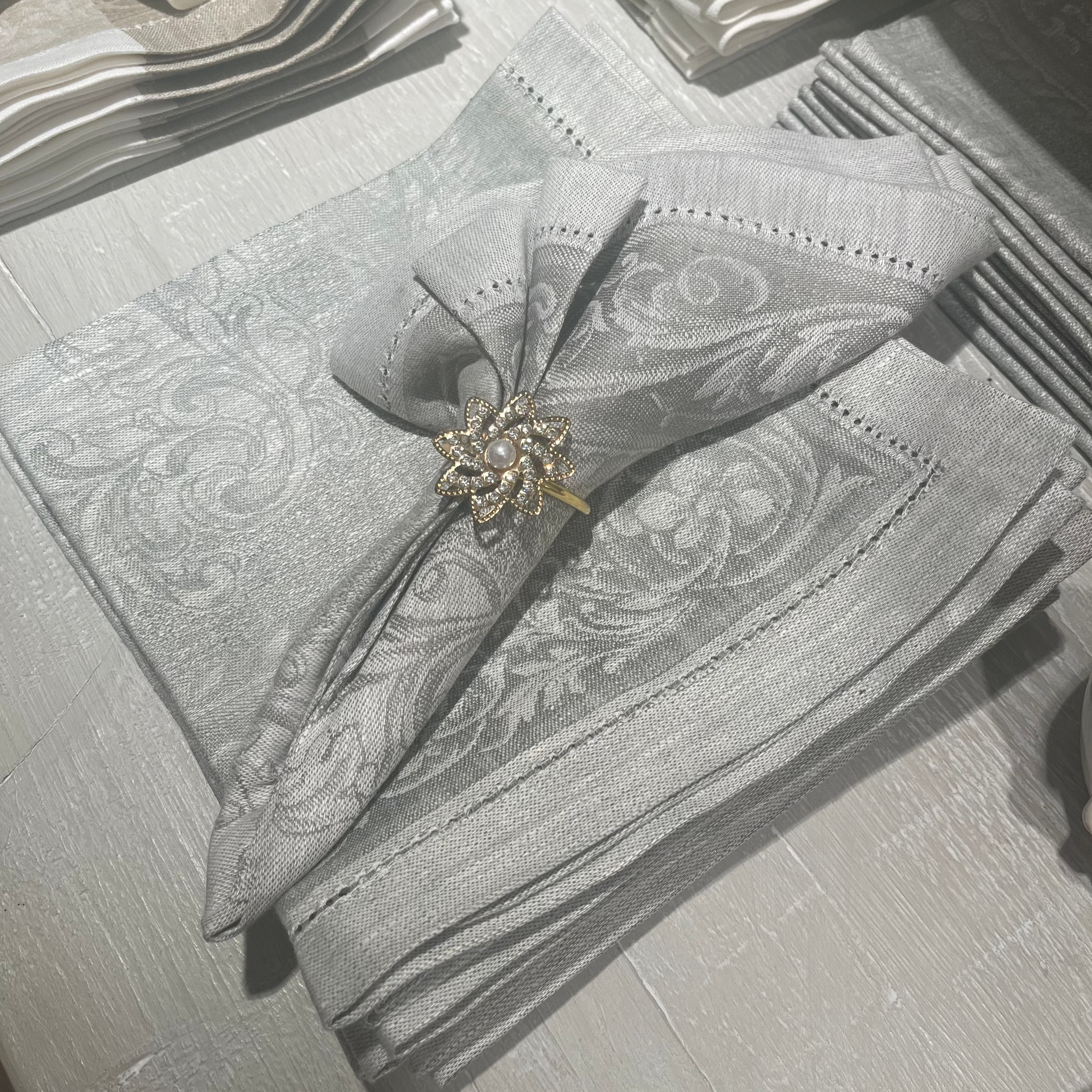 Flower Scroll Damask Linen Grey Tablecloth