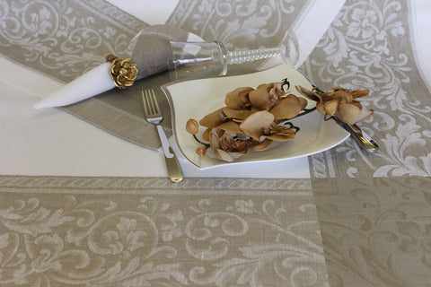 Flower Scroll Damask Linen White & Beige Tablecloth