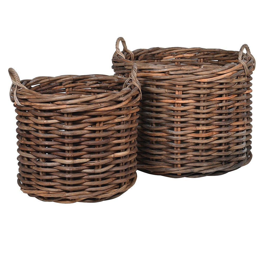 Large Round Rattan Baskets with Handles (Set of 2)