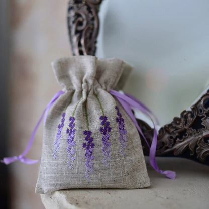 Raw Linen Lavender Sachet with Lavender Embroidery