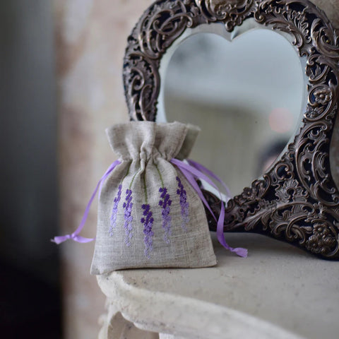 Raw Linen Lavender Sachet with Lavender Embroidery